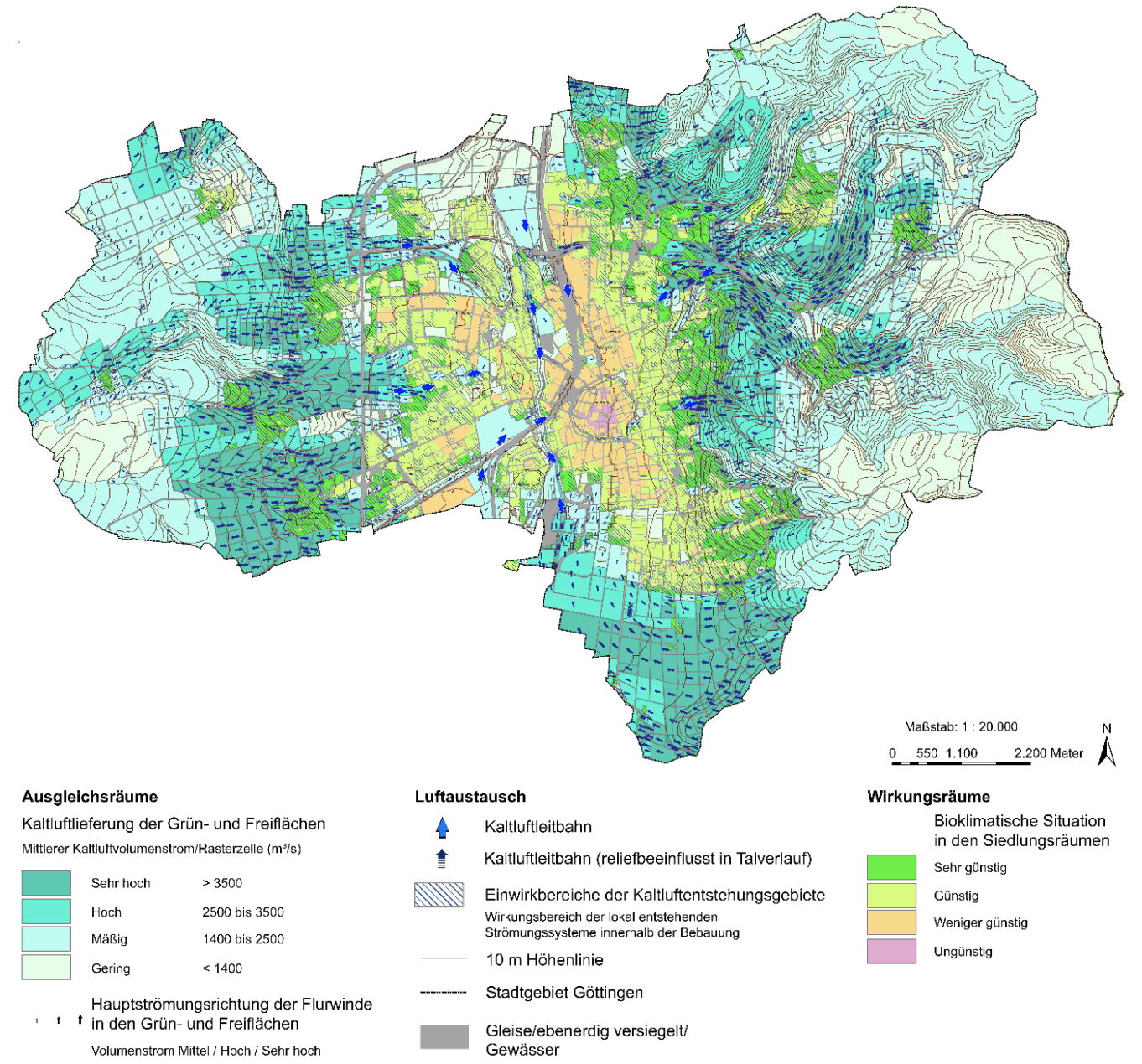 Farbige Stadtkarte von Göttingen mit Kaltluftströmen, bioklimatischen Bewertungen und Legende